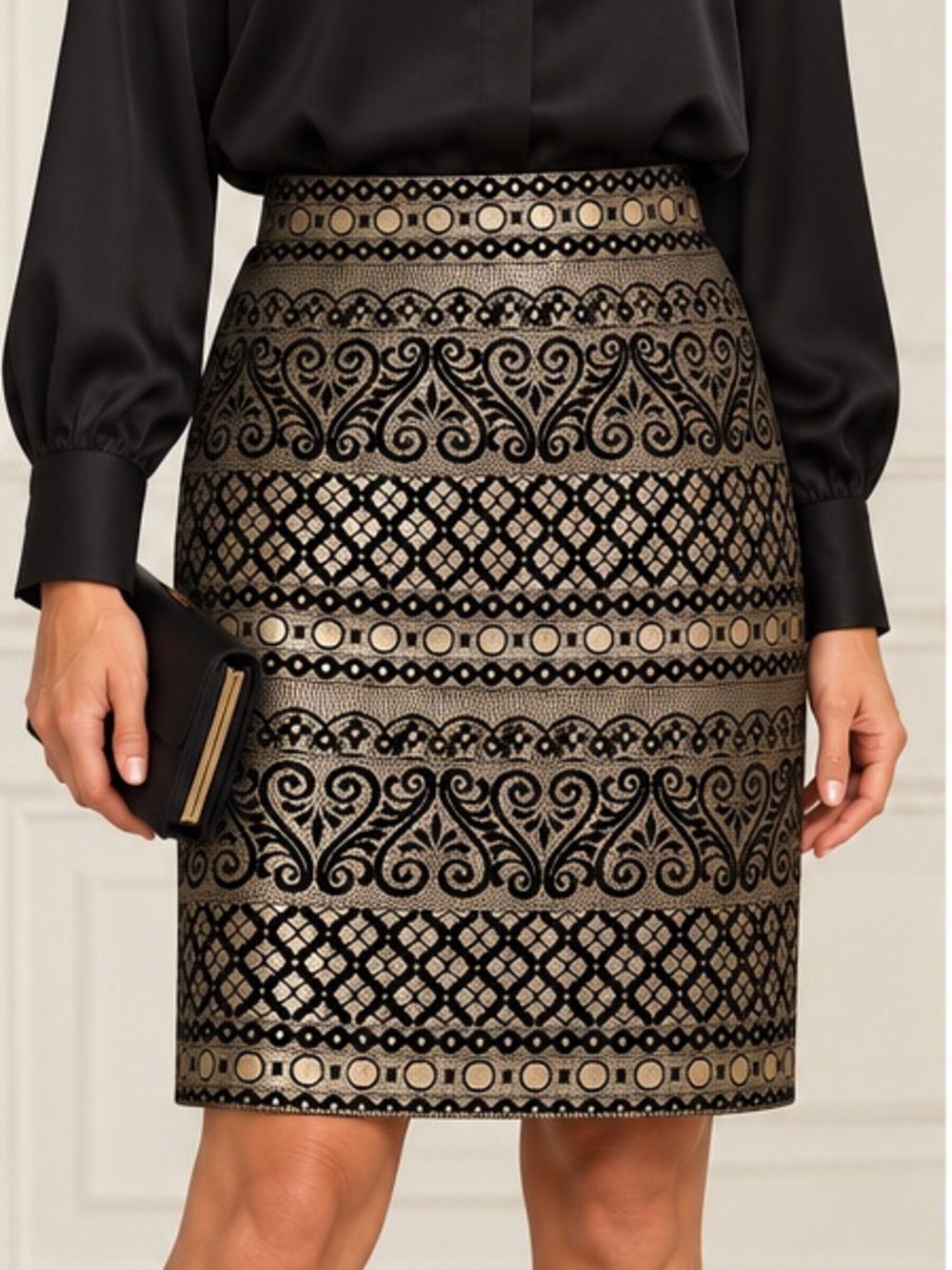 ANTONIO MELANI Black and Gold Brocade Pencil Skirt